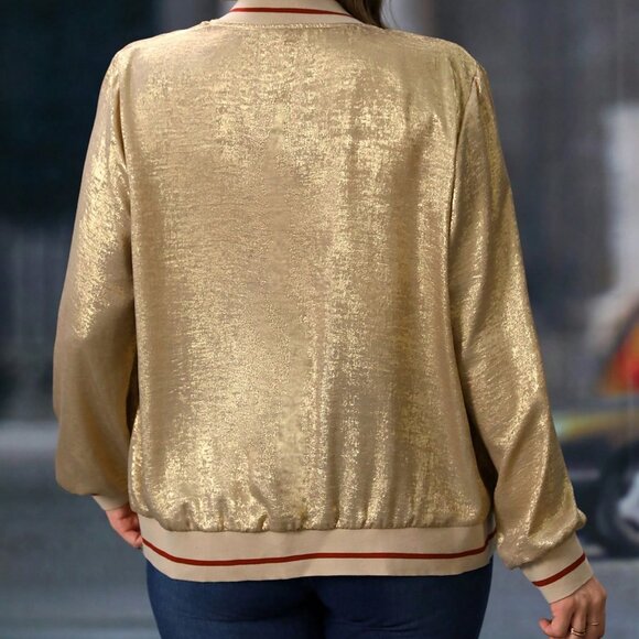 Gold Casual Women's Metallic Rib Patchwork Baseball Jacket - Picture 8 of 8